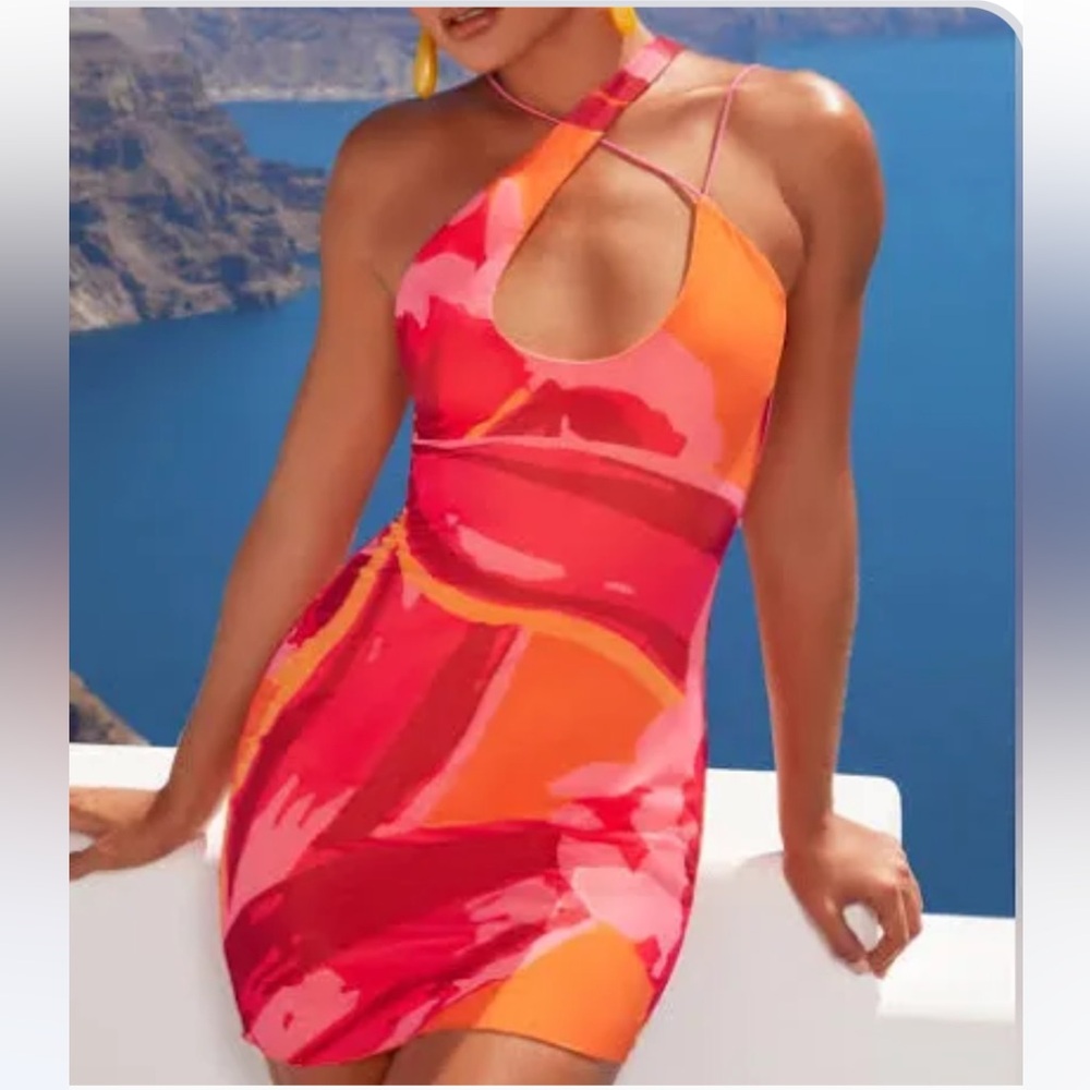 Pink abstract asymmetrical mini dress